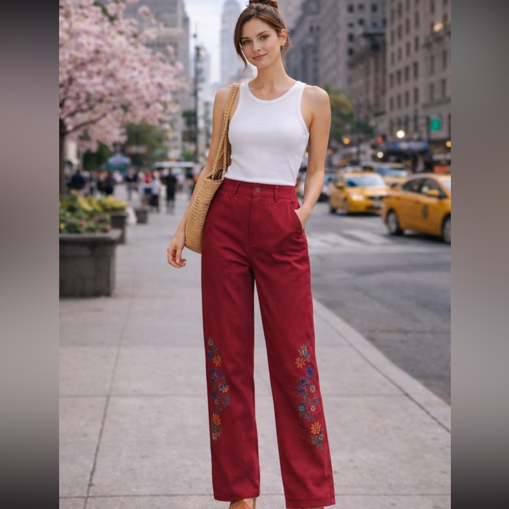 Farm Rio Red Corduroy Pants with Floral Embroidery size Small